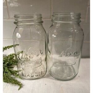 Kerr Glass Mason Jars (2) Clear “Self Sealing” Vintage Look Decor or Storage